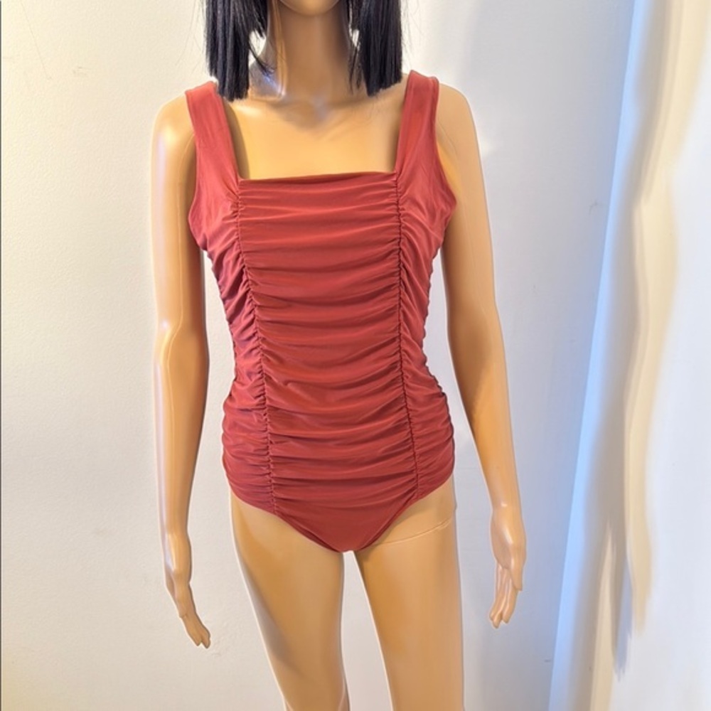 Red Ruched Sleeveless Bodysuit for Resort Wear